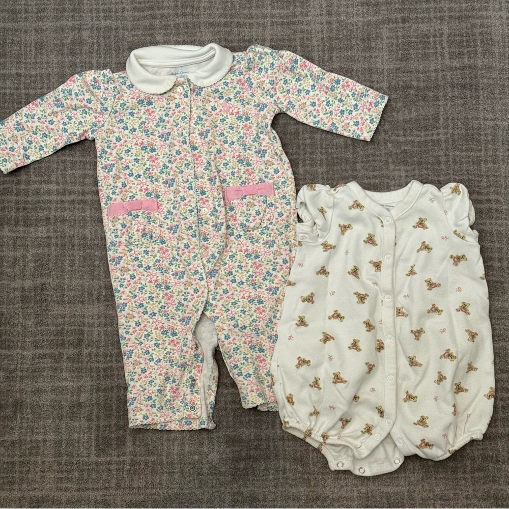 Baby Girl Floral Coverall & Teddy Bear Bubble with Flag both 3M